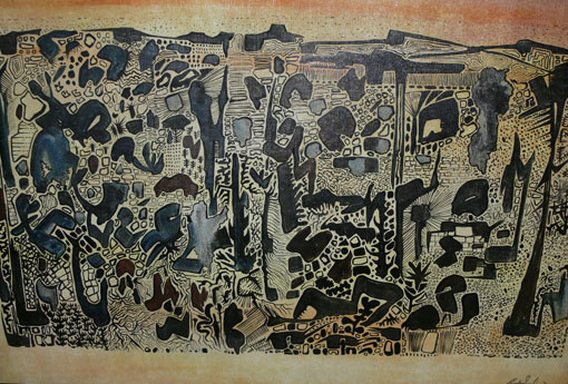 Gordon Vorster "African Landscape", abt.1967, oil/board 88x135 cm - dedicated to Yvonne - auctioned by Westgate Walding Johannesburg 30th April, 2011, Lot 508 