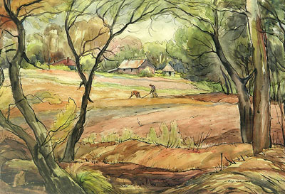 Eric BYRD "Ploughing the fields, Bedfordview Farms", 1945 - pen & ink/watercolour - 38x55 cm